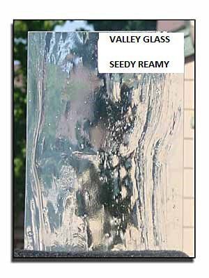 Seeded glass panel with wavy reflective surface, labeled “VALLEY GLASS” and “SEEDY REAMY” in the top right.