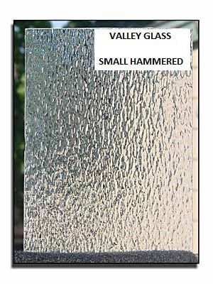 Textured glass panel labeled “Valley Glass Small Hammered” in black frame