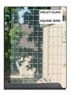 Wire-mesh window with labels “Valley Glass” and “Square Wire” beside a blurred outdoor view