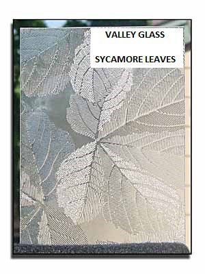 Decorative panel with translucent sycamore leaves and label “VALLEY GLASS SYCAMORE LEAVES”