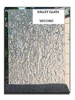 Decorative glass panel with silver and gray texture, labeled “VALLEY GLASS” and “VECCHIO.”
