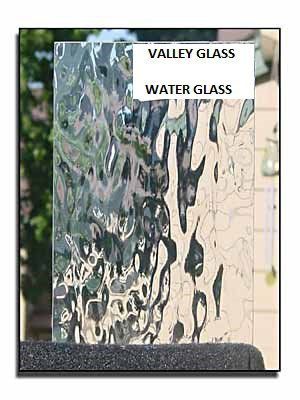 Textured glass samples labeled “Valley Glass” and “Water Glass” in a display panel
