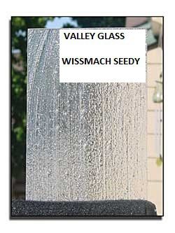 Glass sample labeled “Valley Glass” and “Wissmach Seedy” with textured, frosted surface