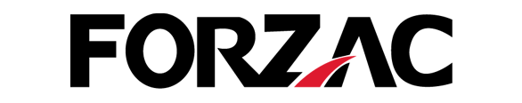 Logotipo de FORZAC, texto negro con un elemento de línea curva roja.