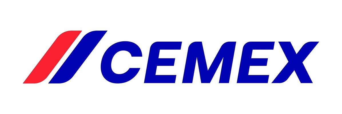 Logotipo de CEMEX con texto azul y un elemento de diseño rojo y azul.