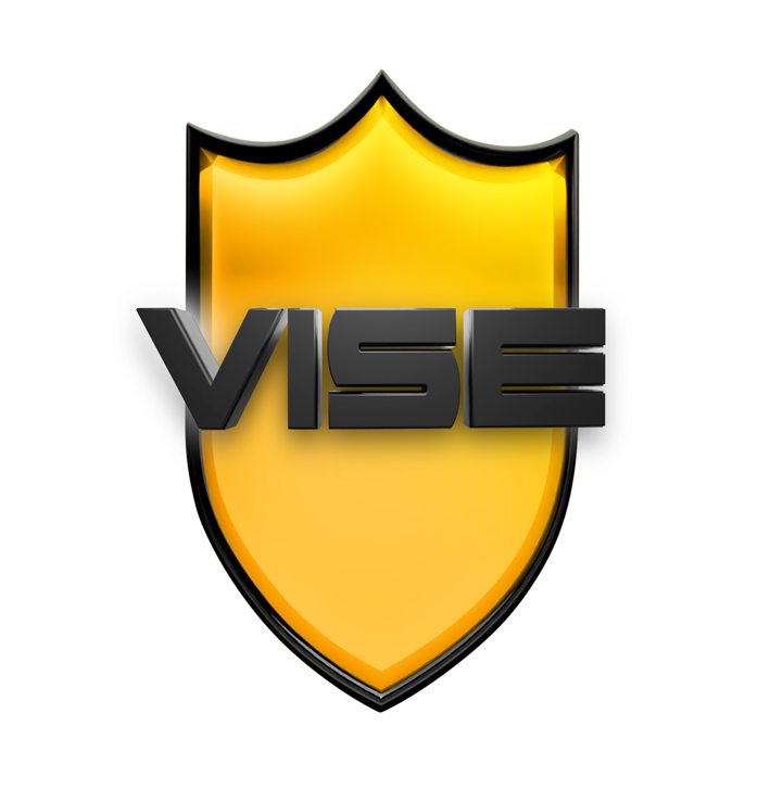 Texto negro "VISE" sobre un escudo dorado con borde negro, que sugiere seguridad.