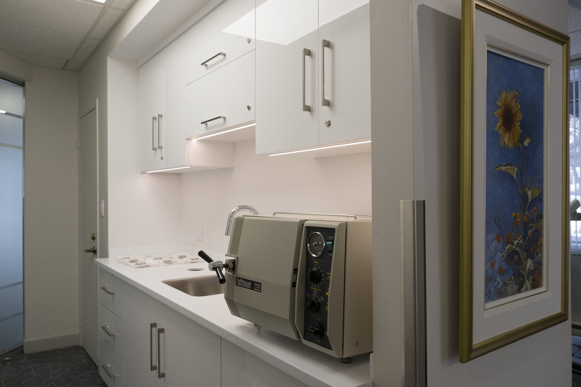 Salle de stérilisation blanche pour cabinet dentaire, avec armoires et autoclave. Œuvre d'art au mur.