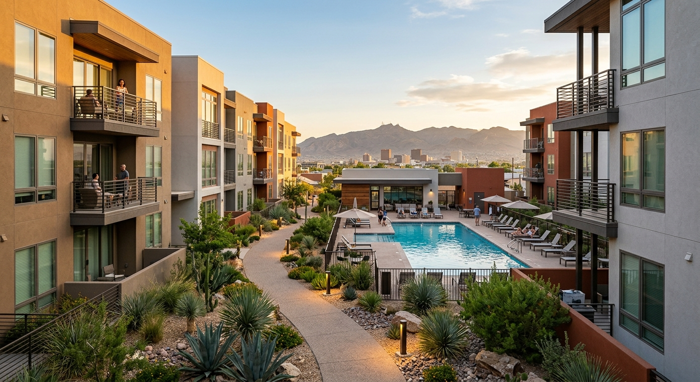 Exterior view of a multi-story condo building in El Paso, Texas under a bright blue desert sky