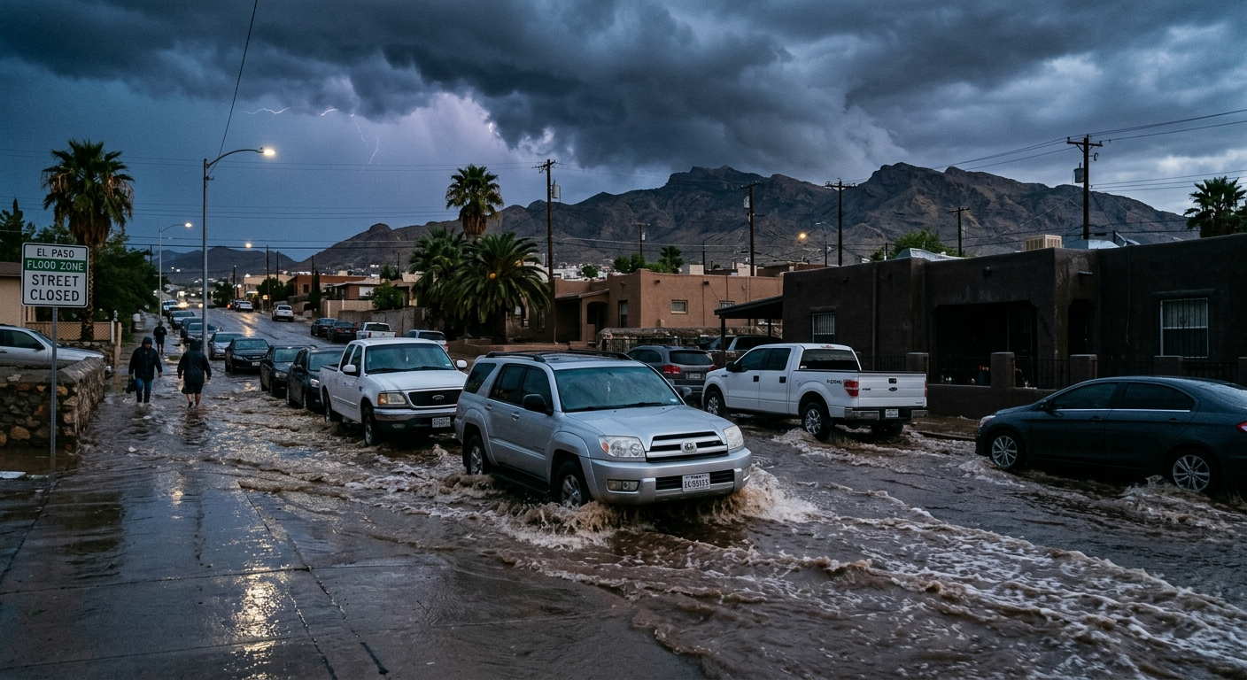 Flooded residential street in El Paso after a summer monsoon storm, water rushing past homes and curbs