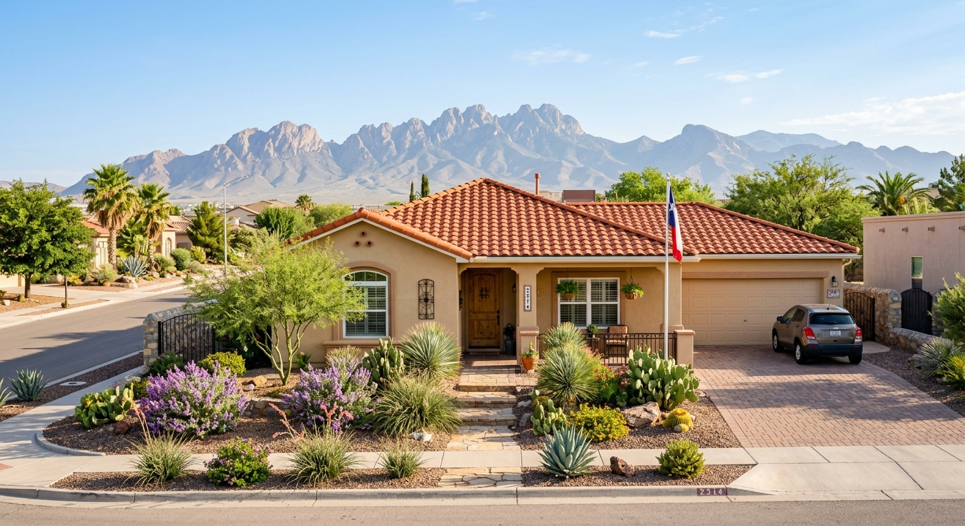 A stucco home in El Paso Texas on a sunny day with the Franklin Mountains visible in the background