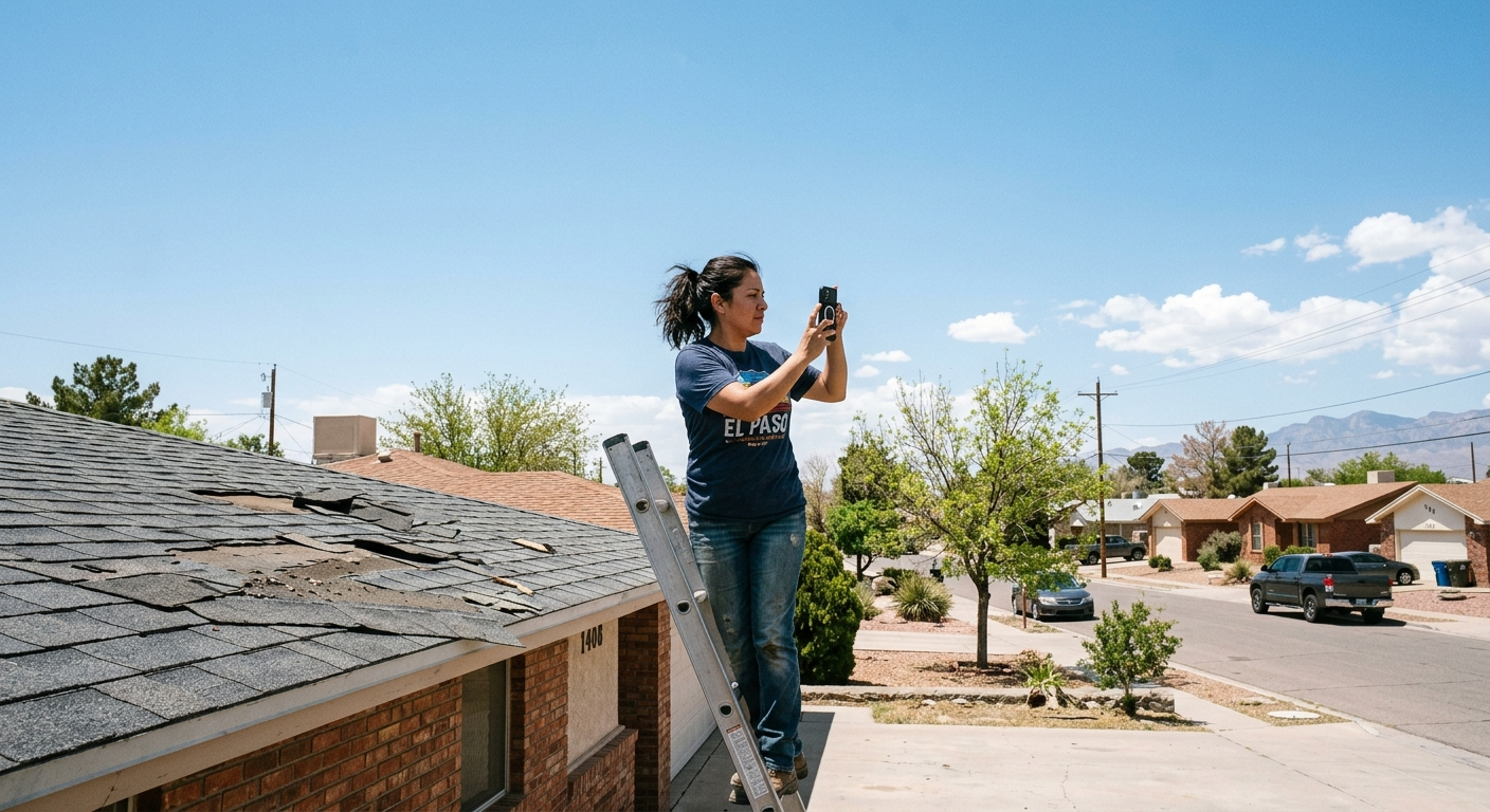 Person reviewing insurance documents and photos of home damage at a kitchen table in El Paso, Texas