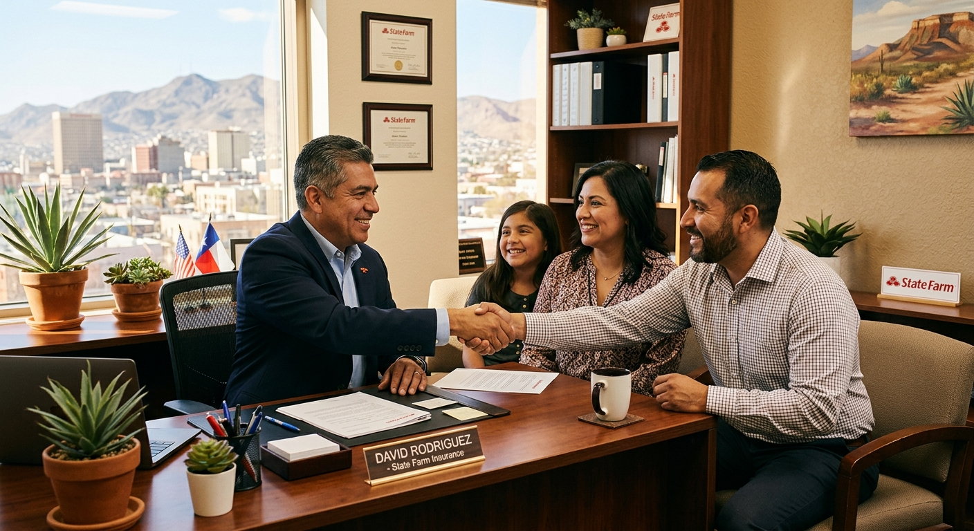 Friendly insurance agent reviewing policy documents with a couple at a desk in an El Paso office