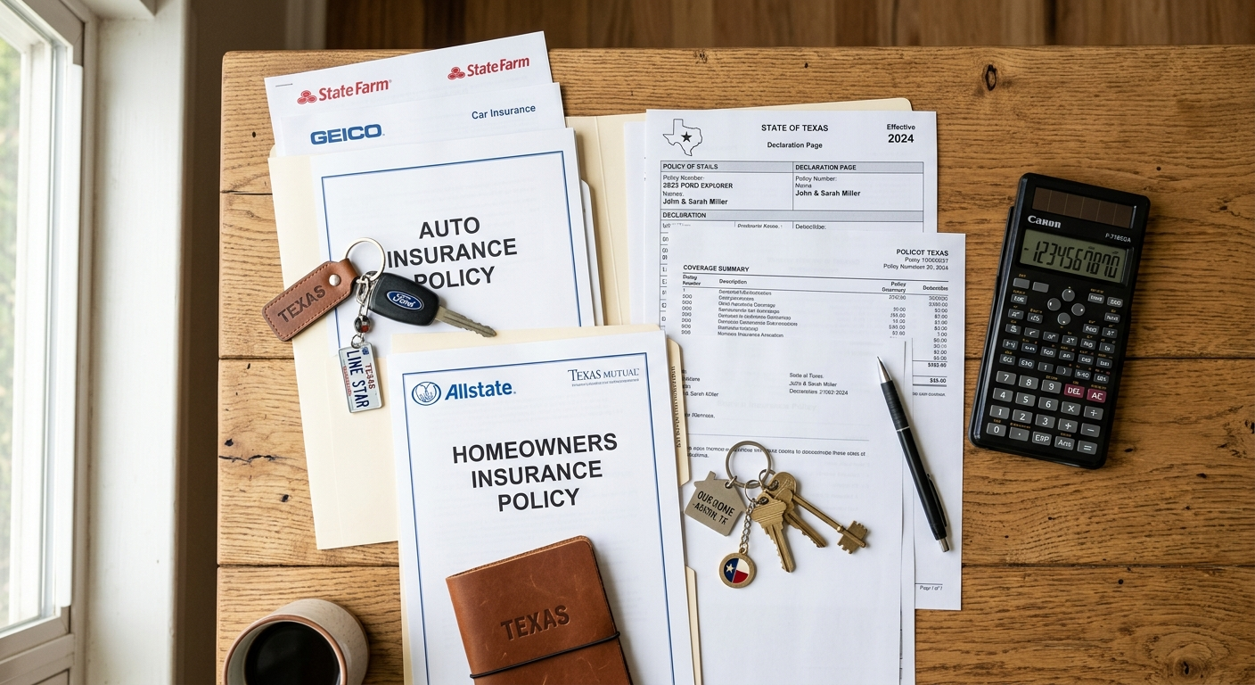 Stack of insurance policy documents on a wooden desk with a pen and calculator in a bright Texas home office