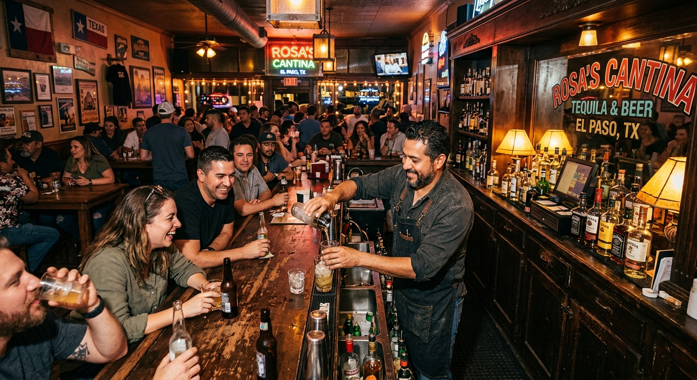 Bartender pouring a drink at an El Paso bar with shelves of bottles in the background