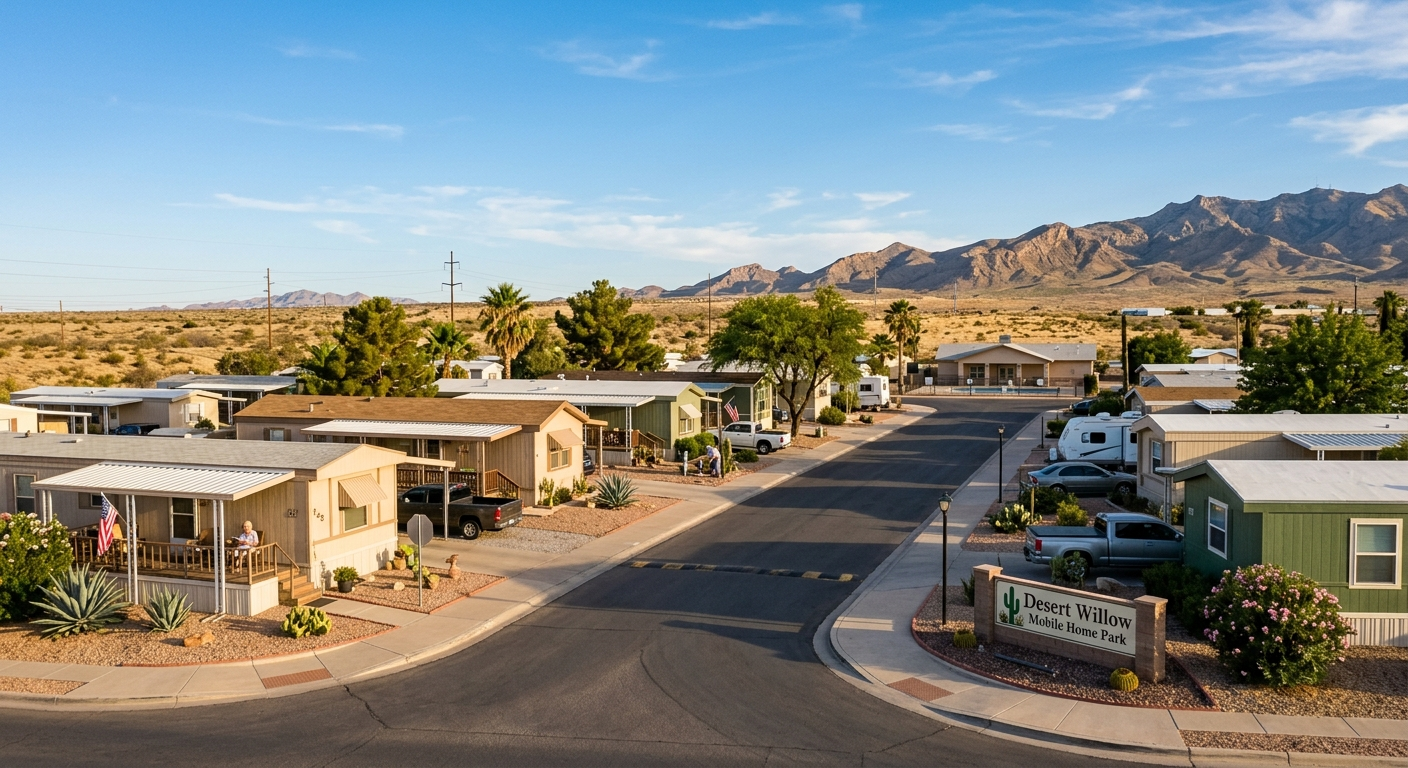 A well-maintained double-wide manufactured home with a carport and desert landscaping in West Texas on a sunny afternoon