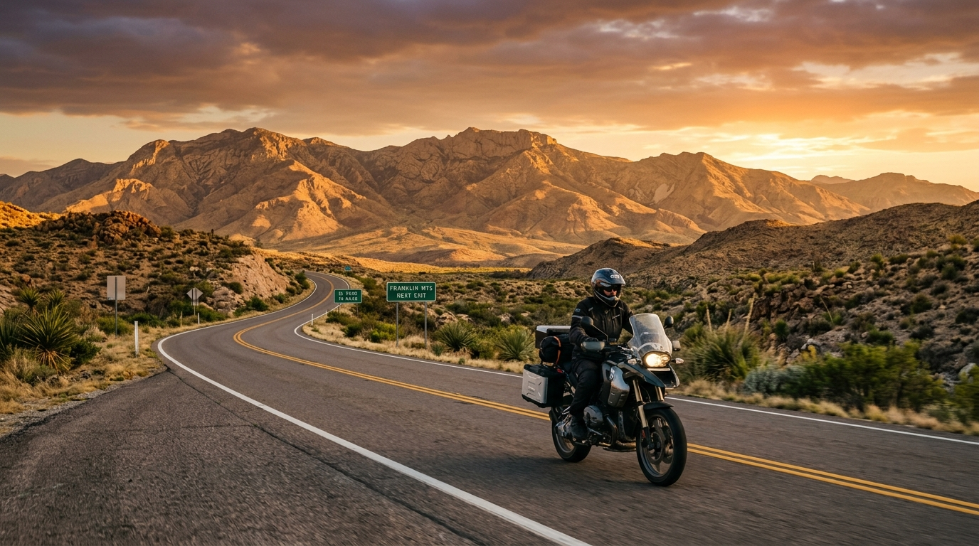 Motorcycle parked on a desert highway near El Paso Texas with Franklin Mountains in the background under bright afternoon sun