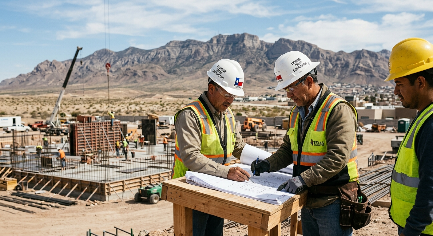 Texas contractor reviewing surety bond documents at a construction site office trailer in El Paso