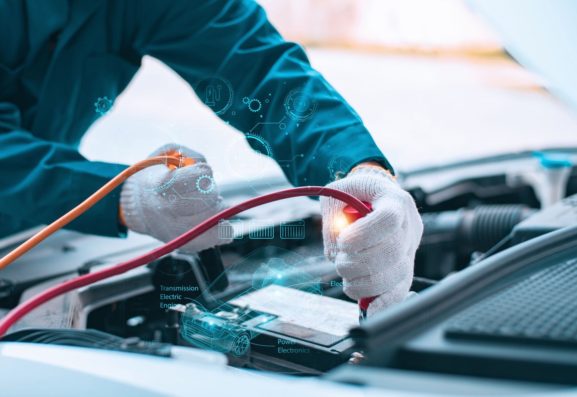 Gloved technician connecting cables to computer hardware on a workbench