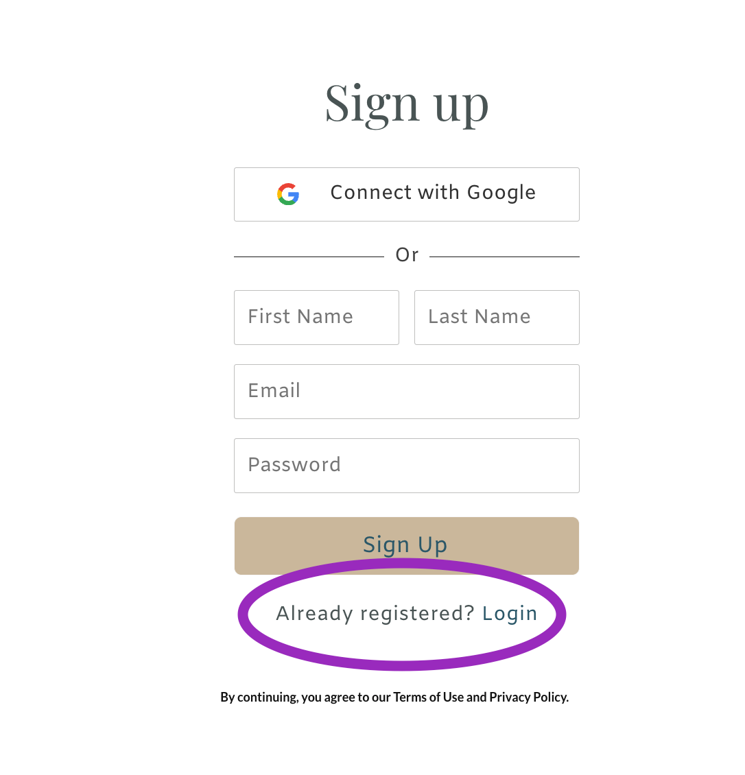 Sign up form with Google button, name, email, password fields, and “Already registered? login” circled in purple