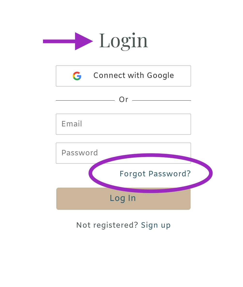Login screen with Google sign-in, email and password fields, and a circled “Forgot Password?” link.