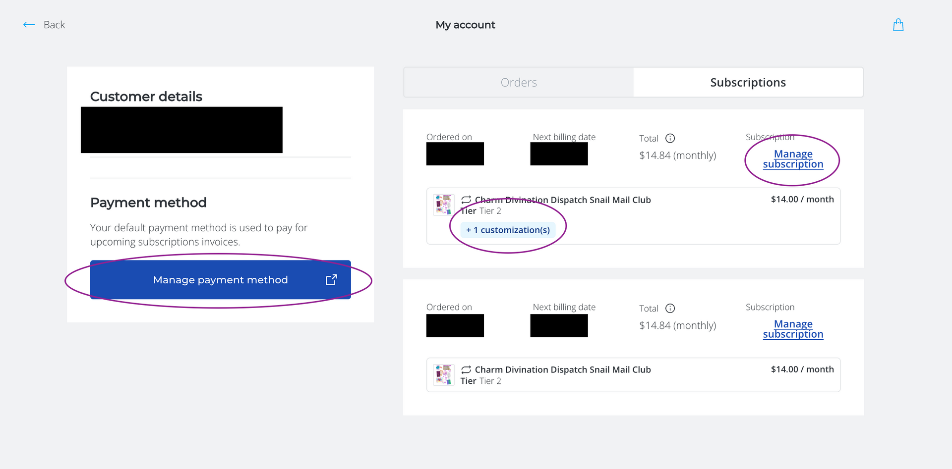 Two-step checkout screen with blue call-to-action and circled account/payment details on the right