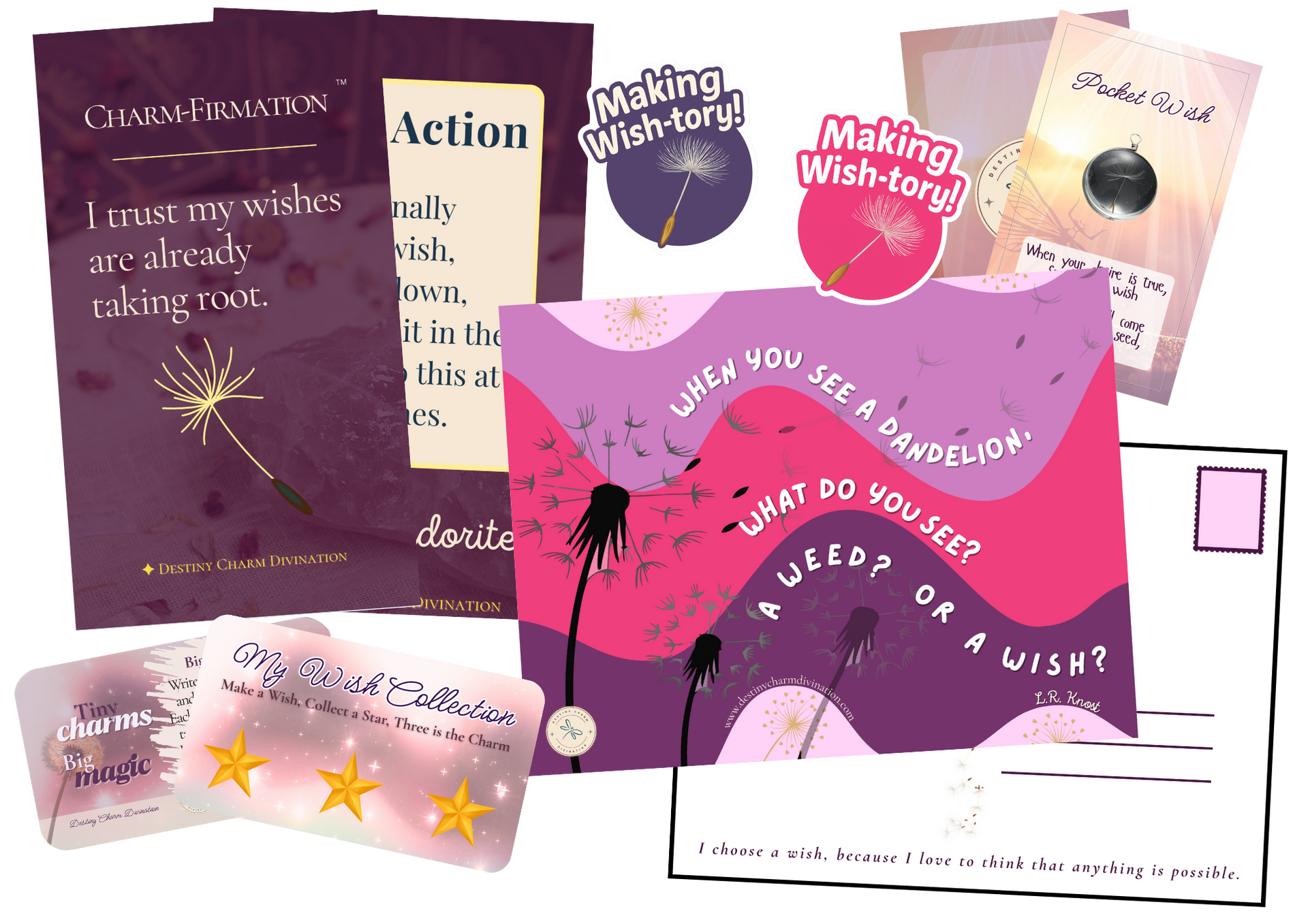 Collage of purple inspirational planner cards and notes with stars, palms, and a moon on a pink background