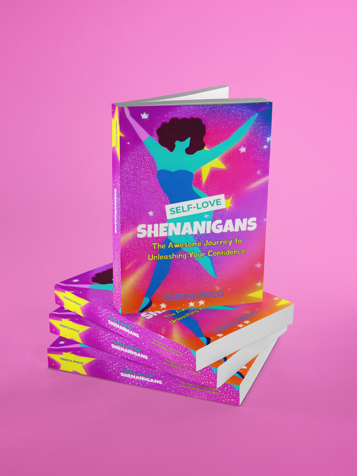 Colorful stack of books with a neon purple “Shenanigans” cover on a pink background