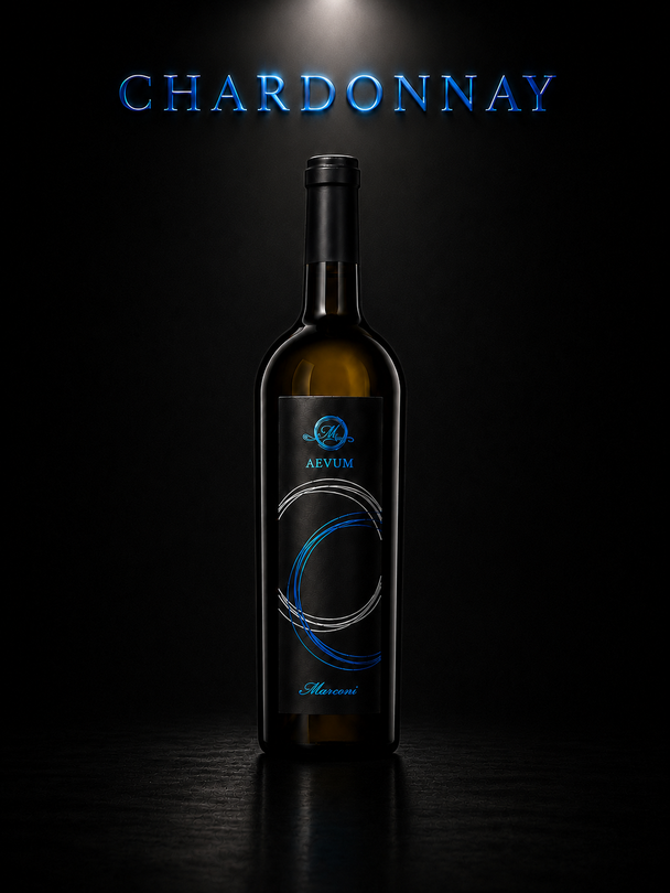 Bottiglia di vino Chardonnay su sfondo nero con etichetta blu luminosa