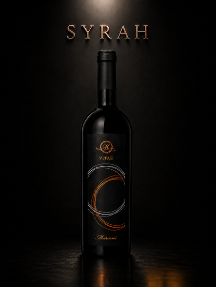 Bottiglia di vino Syrah scuro su sfondo nero con scritte dorate ed etichetta con un vortice arancione luminoso.
