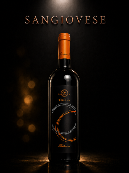 Bottiglia di vino Sangiovese con lamina arancione, su sfondo scuro con un caldo effetto bokeh dorato.