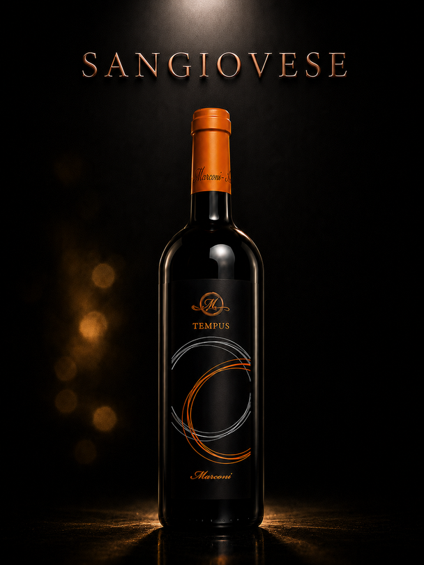 Bottiglia di vino rosso Sangiovese con tappo arancione su sfondo scuro, etichetta dorata.