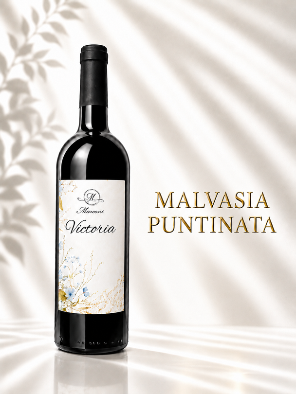 Bottiglia di vino Malvasia Puntinata con etichetta bianca su sfondo chiaro a fantasia.