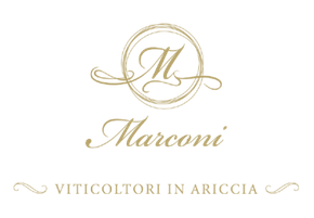 Gold Marconi logo with decorative monogram and the words “Marconi” and “Viticoltori in Ariccia”