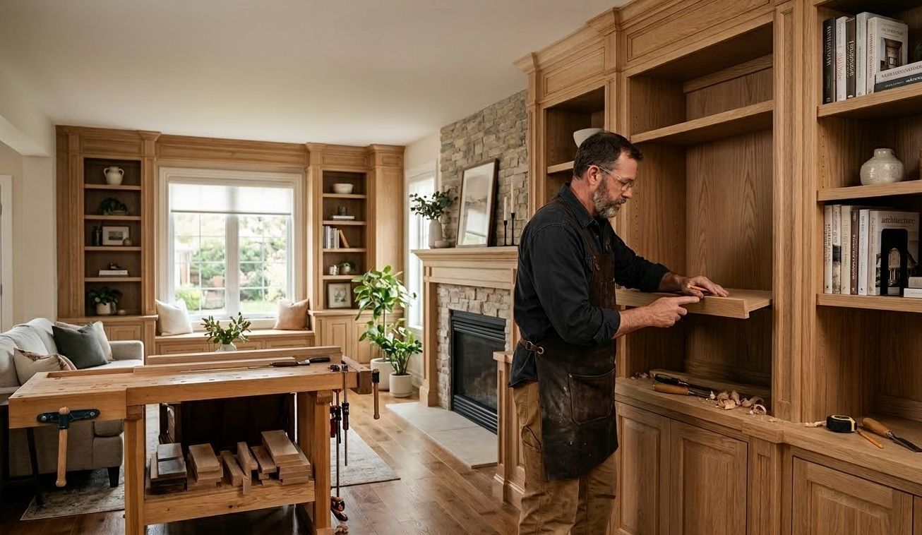 Woodworker crafting custom built-in shelves