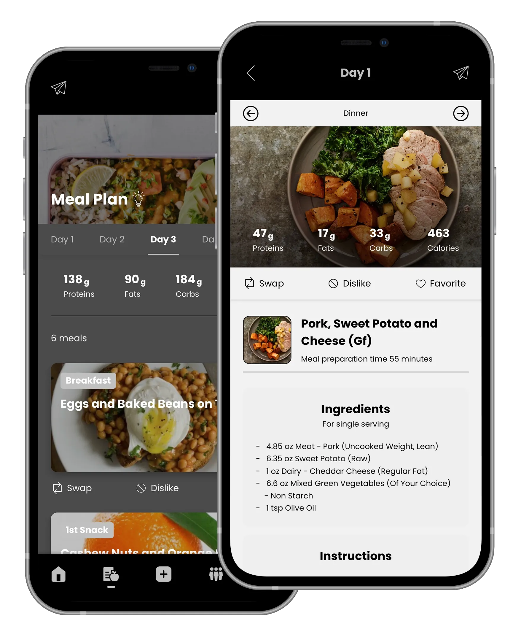 Two smartphones displaying a meal planning app interface with food photos, nutritional info, and recipes.