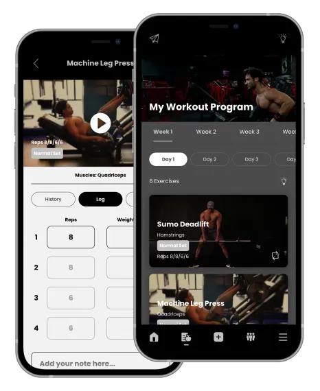 Two smartphones displaying a fitness app, showing workout videos and a program interface.