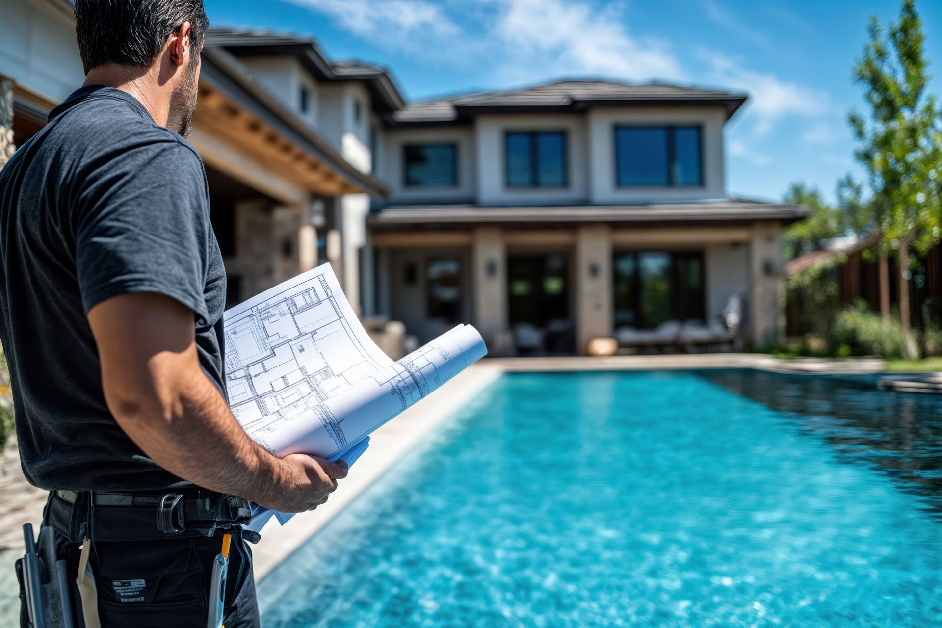Architect reviewing blueprints for a swimming pool, highlighting expert pool contractors.