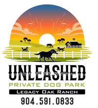 Logo for Unleashed Private Dog Park, Legacy Oak Ranch, with sunset scene and running dogs; 904.591.0833