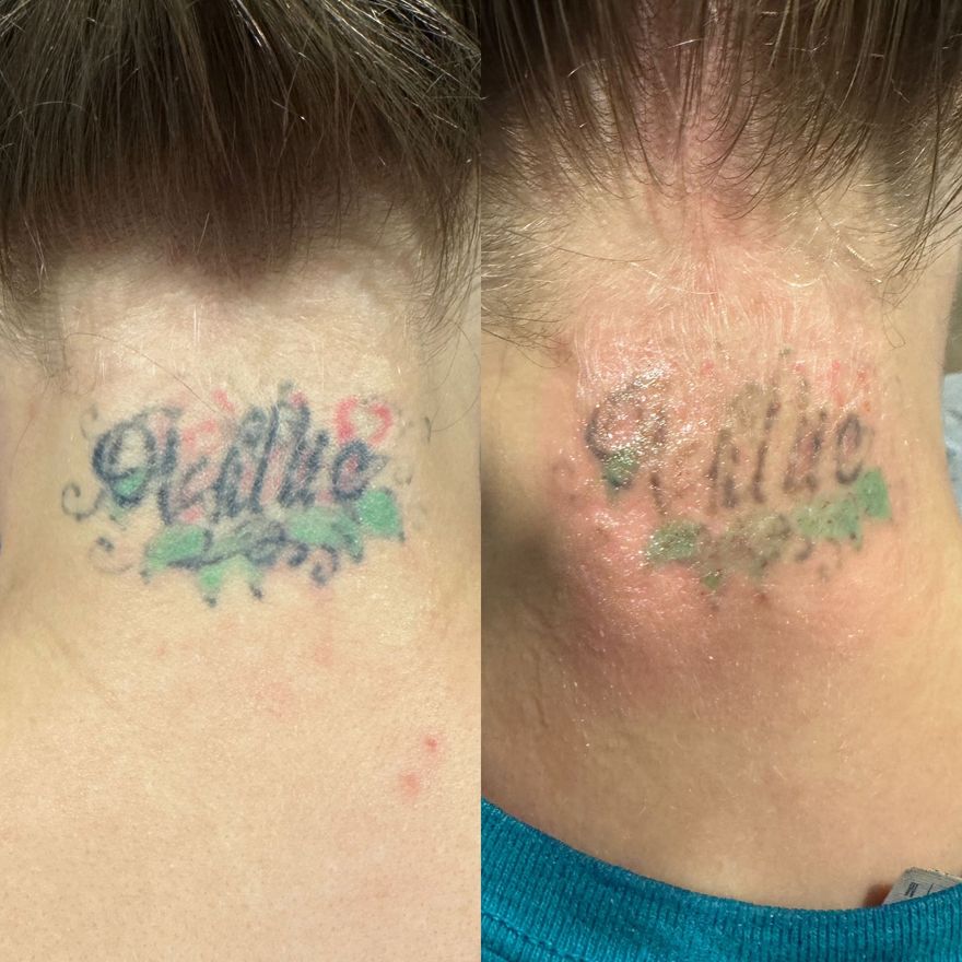 Close-up of the back of a neck with matching faded rainbow word tattoos on both sides