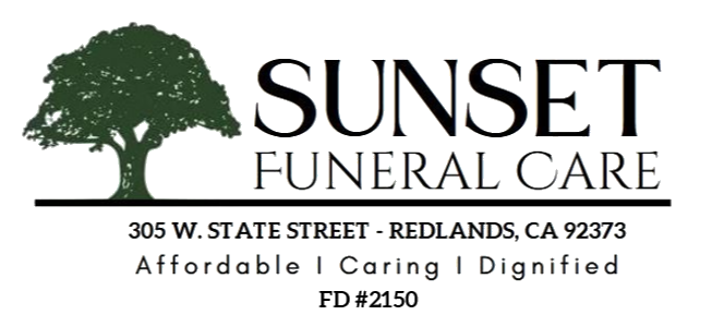 Logo for Sunset Funeral Care: Oval black background with white script text "Sunset", and smaller text "Funeral Care". Top tree icon.