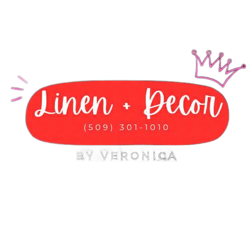 Logo for Linen + Decor, red oval with white text and phone number, a crown, and 