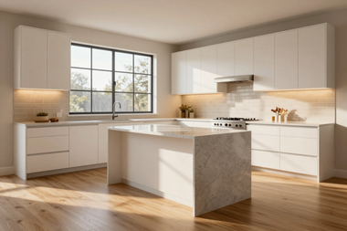 Bright modern kitchen with white cabinets, large window, and marble island on hardwood floor