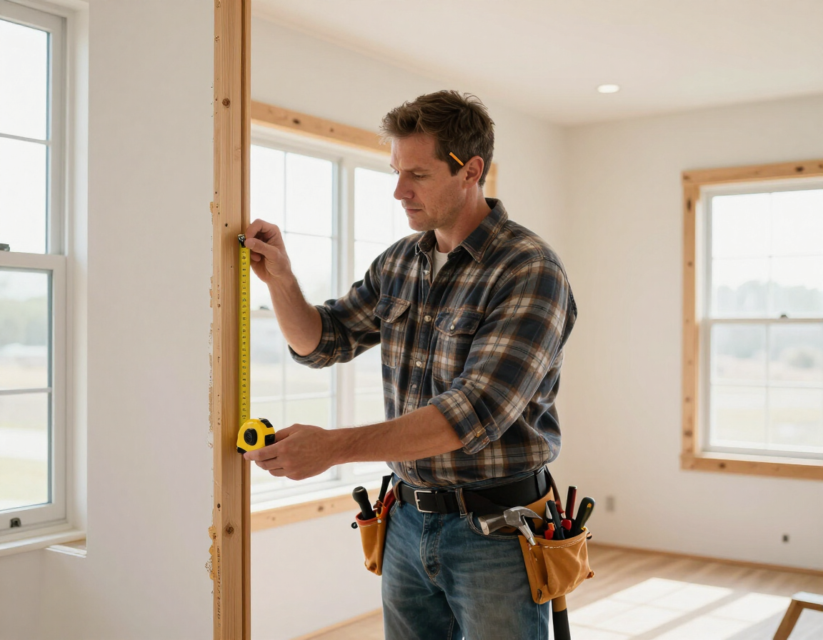 Carpenter measuring a wooden wall frame in a bright, unfinished room with tools on his belt