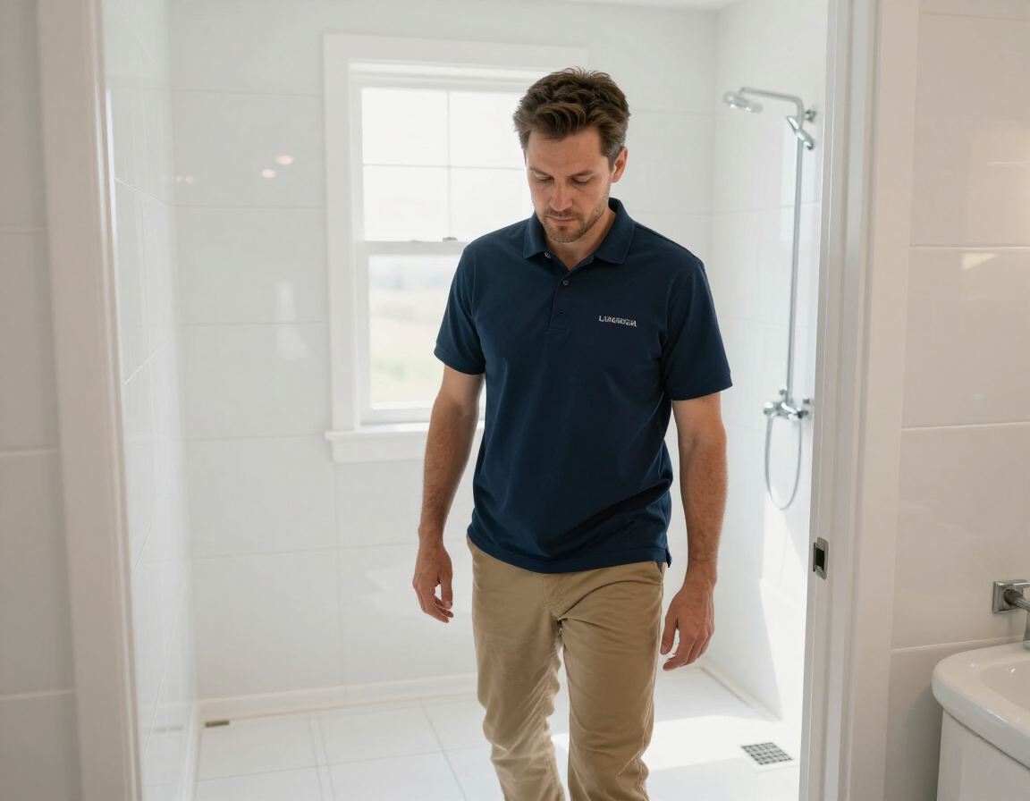 Man walking in a bright white bathroom, looking down near a shower and toilet.