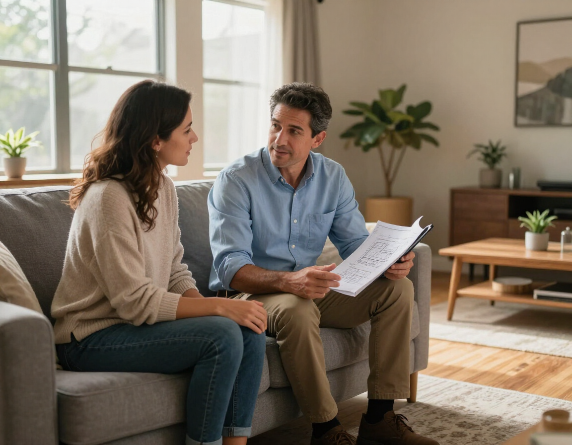 Two people talk on a couch in a bright living room, one holding papers.