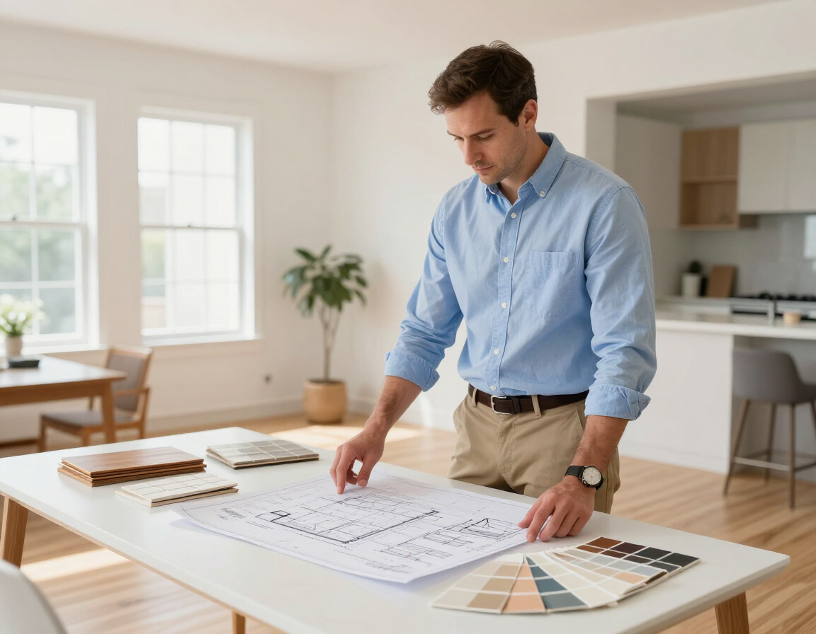 Man reviewing blueprints on a table in a bright living room, with color swatches and floor plans nearby