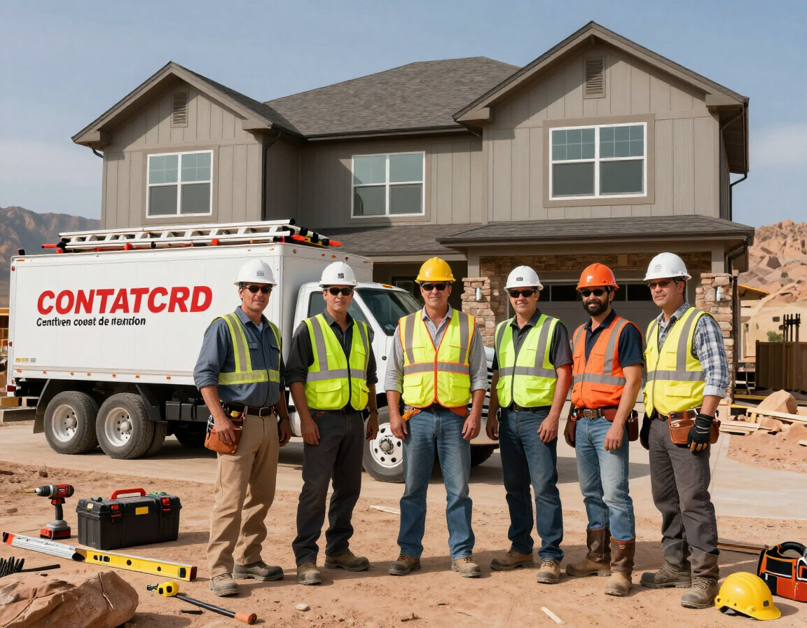 Construction crew in safety vests and hard hats standing before a new house and contractor truck.