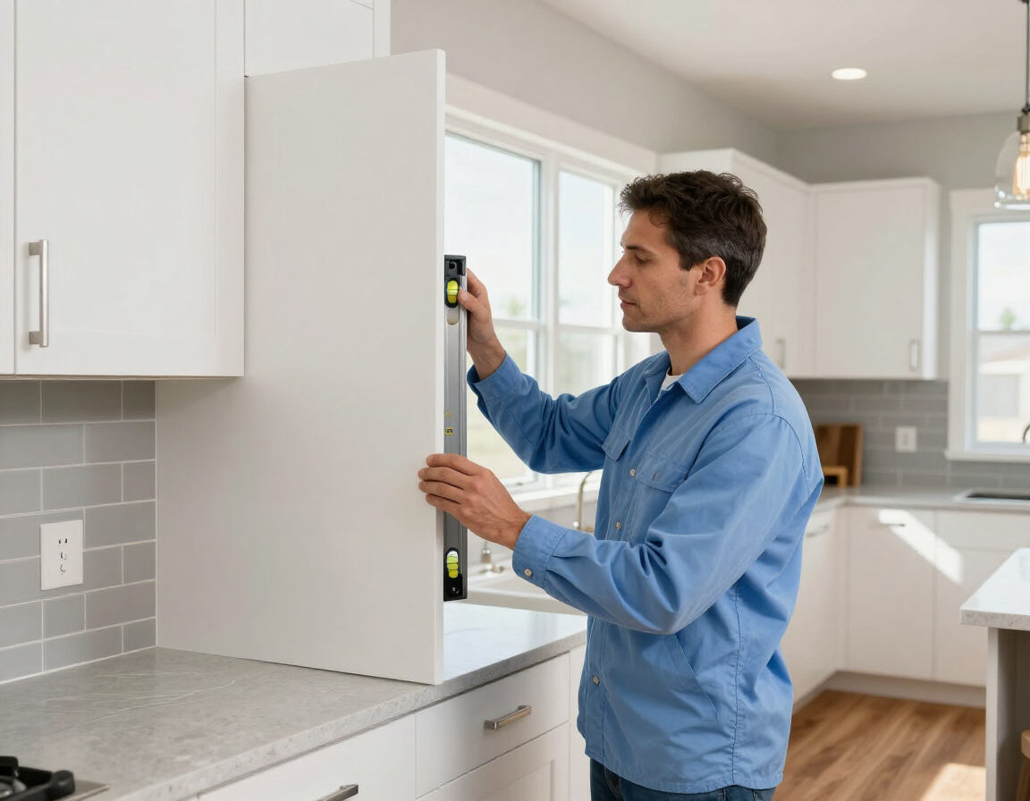 Man measuring a white kitchen cabinet with a level during installation