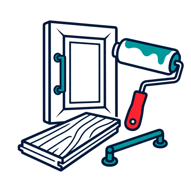Illustration of a door being painted with a roller, tray, and blue handle nearby