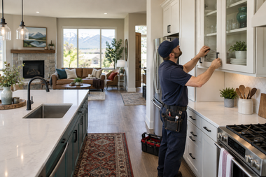 Person adjusting kitchen cabinet doors in a bright modern kitchen with mountain view beyond the living room.